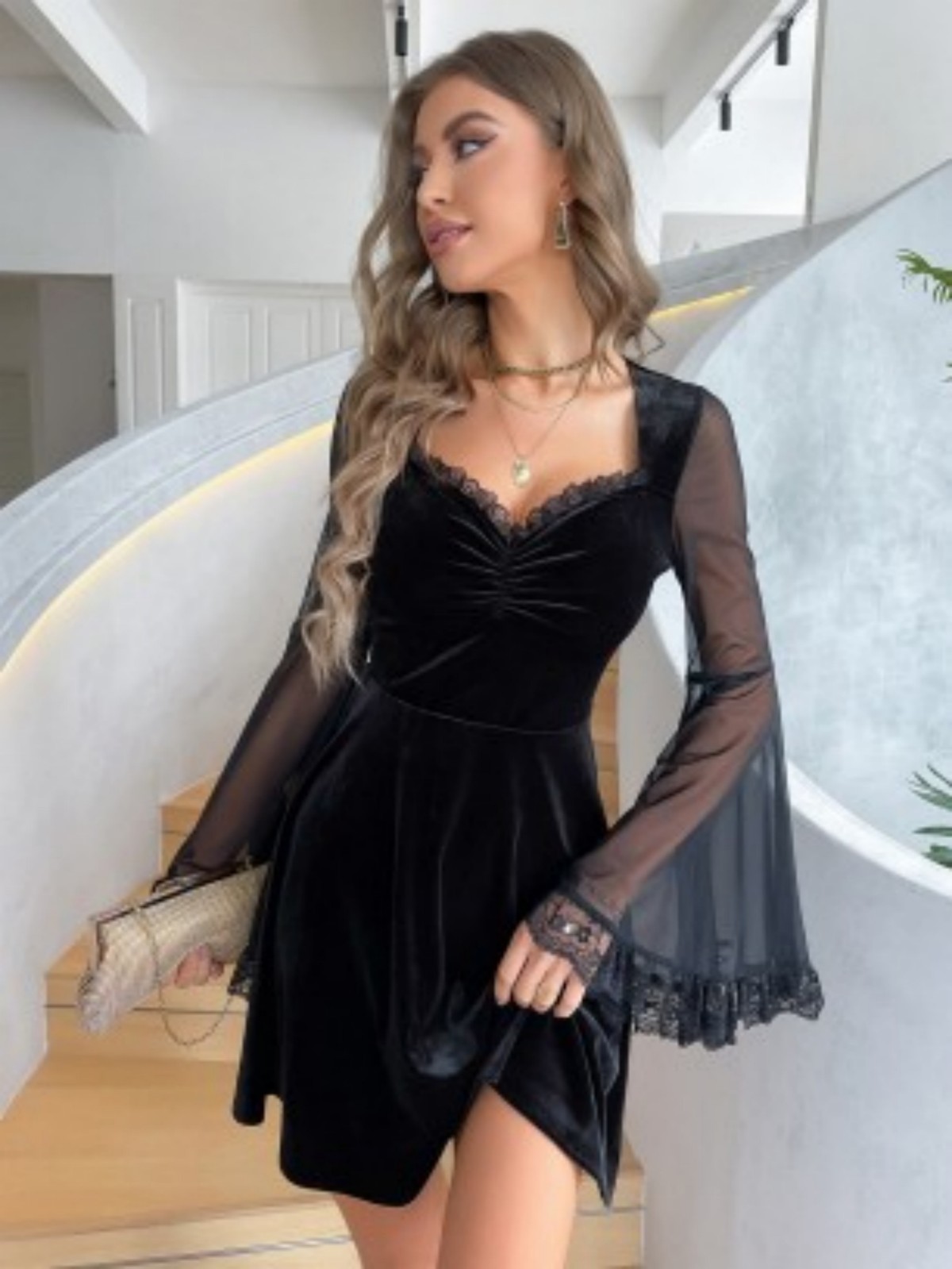 Contrast Mesh Flounce Sleeve Lace Trim Ruched Bust Short Dress
